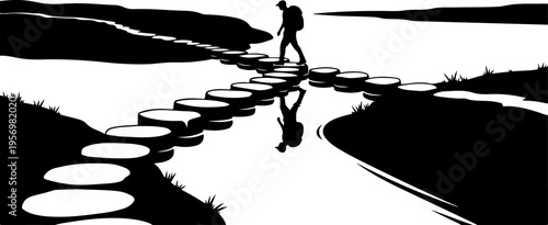 Vector silhouette of a person walking on stepping stones in a serene landscape
