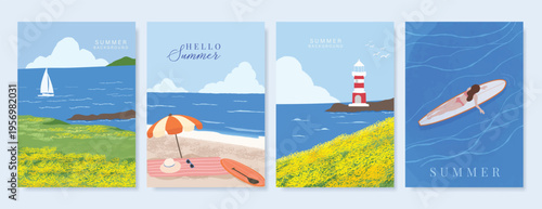 Abstract Green Summer landscape background vector set. Nature wallpaper of green field on mountain, yellow flowers, blue sky , birds, river. Watercolor illustration for cover, wall art, decoration.