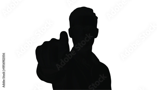 Person's silhouette with an outstretched hand appears to touch an invisible screen or surface.