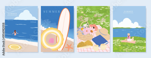 Abstract Green Summer landscape background vector set. Nature wallpaper of green field on mountain, yellow flowers, blue sky , birds, river. Watercolor illustration for cover, wall art, decoration.