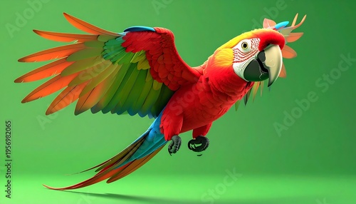 Vibrant Scarlet Macaw Parrot in Mid-Flight Against a Solid Green Background.