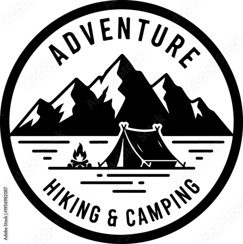 Vector hiking and camping logo with mountain and tent