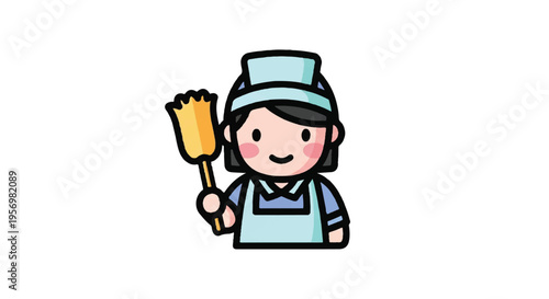 Cartoon cleaner character with broom isolated