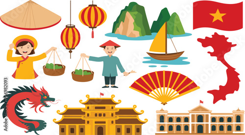 Travel to Vietnam infographic banner featuring cultural elements, landmarks, food, map, flag, Ho Chi Minh Mausoleum, Pho, and Saigon Cathedral cartoon illustration