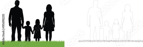 Happy Family Silhouette Walking on Grass Parents with Children Outdoor Lifestyle Nature Vector