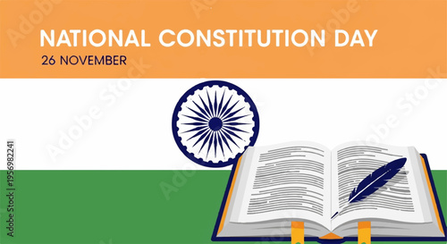 National constitution day india 26 november indian flag book pen wheel symbol celebration
