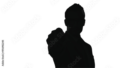 Man's silhouette points directly towards the viewer with an extended arm and index finger.