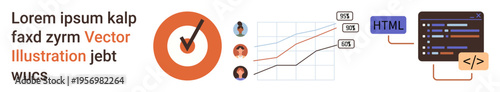 Business growth, web development, teamwork, user analysis, decision-making, data . Graphs with avatars, HTML code blocks and a checklist icon. Business growth and web development concept