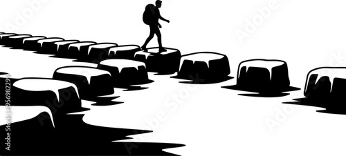 Vector illustration of a man walking on stepping stones