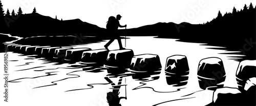 Vector illustration of a person stepping on rocks in water, black silhouette landscape