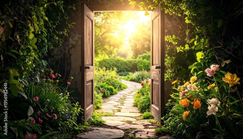Enchanted Garden Gateway Bathed in Golden Sunlight.