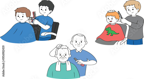 Cartoon illustration of people getting haircuts at a barbershop, showing hair care, grooming, and hairstyling services for all ages