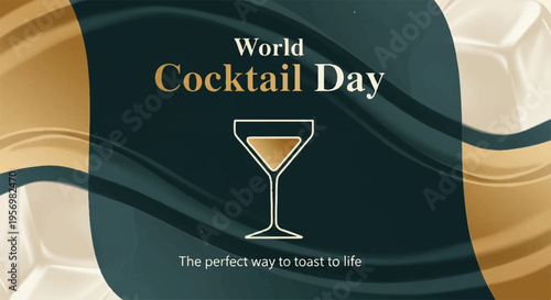 Cocktail glass with golden drink on dark background world cocktail day celebration