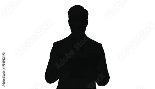 Male silhouette in business attire stands facing forward with hands positioned near the waist area.