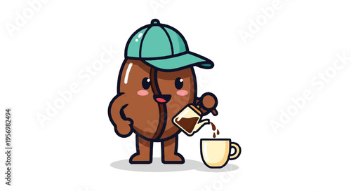 Cartoon coffee bean pouring beverage into cup isolated white background