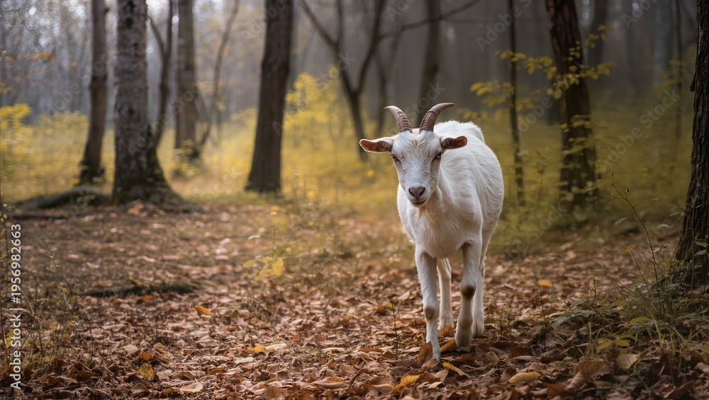 Naklejka premium White goat walking along a leaf-covered path in a tranquil forest setting with trees and autumn foliage in the background