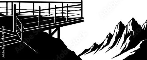 Black mountain landscape vector illustration with observation deck