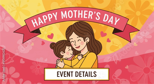 Mother's day illustration of a happy mother and child with pink and yellow background