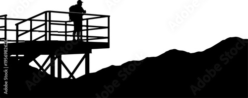 Vector silhouette of person on observation deck overlooking mountains