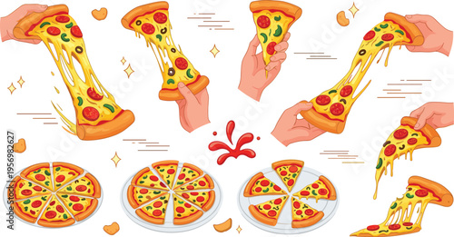 Cheesy Pizza Slice Vector Set Featuring Stretching Melted Cheese Pulls Hands Holding Slices and Whole Pizza Views in Flat Cartoon Style for Food Advertising Menu and Creative Design Projects