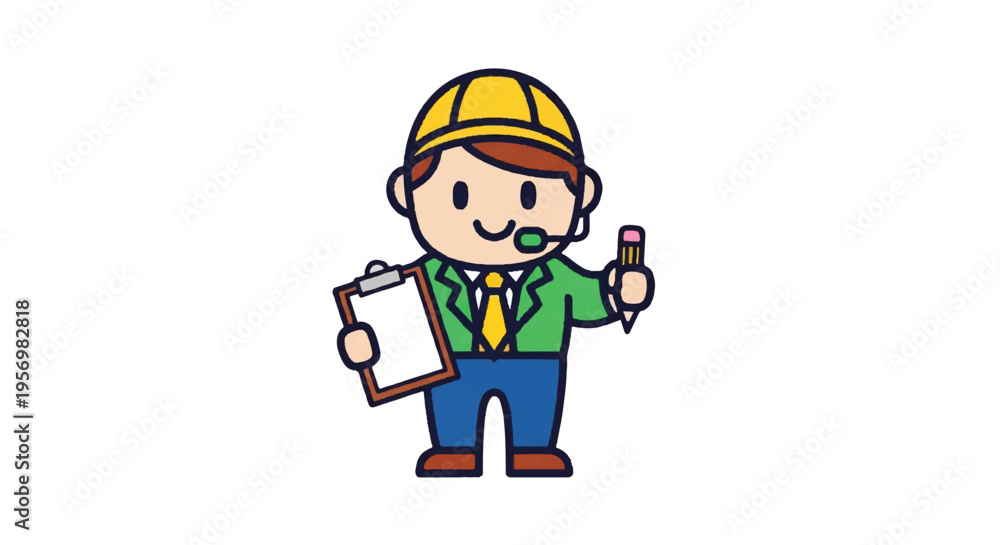 Obraz premium Cartoon construction worker holding clipboard and pencil