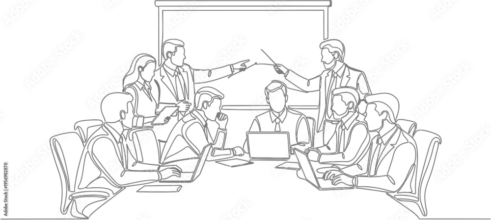 Obraz premium A continuous line art drawing of a business meeting with a team of professionals collaborating and presenting ideas in a conference room.