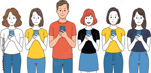 Group of people holding smartphones with blank screens, isolated vector illustration representing communication, technology, and digital device interaction