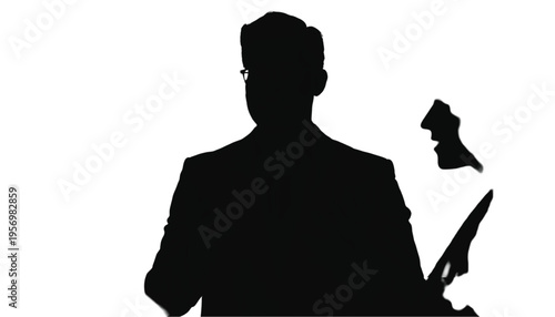 Businessman silhouette seen from behind gestures while holding papers, indicating presentation or important.