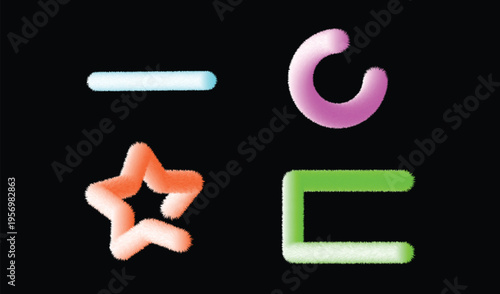 Fluffy swirling fuzzy shapes in neon colors on black background