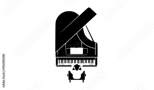 Minimal top view grand piano with pianist silhouette vector modern music concept isolated on white background