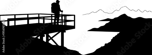Vector silhouette of man on observation deck overlooking mountains