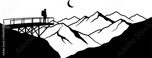 Vector silhouette of man on mountain bridge at night