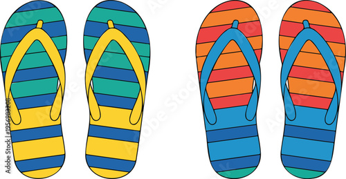 Colorful pair of flip flops isolated on white background, summer beach sandals footwear illustration for vacation travel