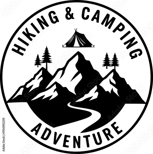 Hiking camping adventure logo, outdoor recreation badge, mountain trekking emblem, black vector icon