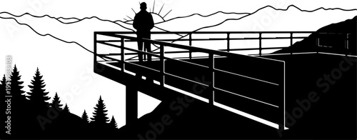 Silhouette man on bridge, mountain landscape, black and white vector, scenic outdoor