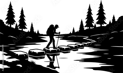 Vector illustration of hiker crossing stream on stepping stones