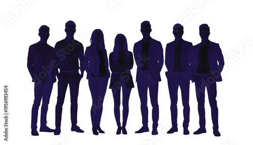 Seven diverse business professionals stand together as a unified team silhouette against a bright white.