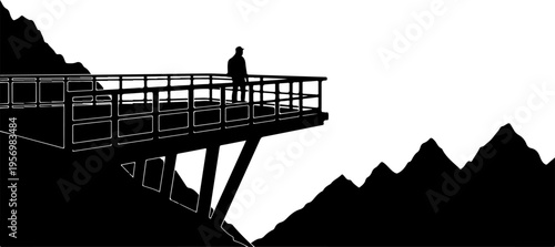 Black silhouette, mountain landscape, observation deck, vector illustration