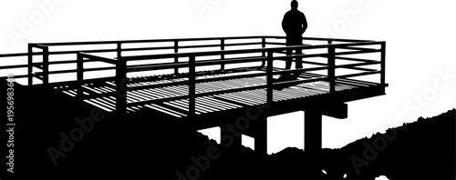 Silhouette of man on observation deck, black metal railing, hill landscape, vector illustration