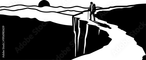 Black and white vector illustration of couple on cliff