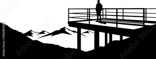 Mountain landscape silhouette, person on platform, scenic view, black and white vector