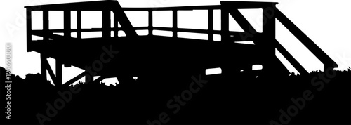 Black silhouette pier, dock, or jetty on white background, wooden structure for fishing or boating