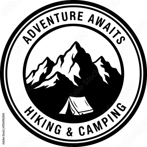 Adventure Awaits, Hiking Camping Logo, Outdoor Vector Icon, Black and White Emblem
