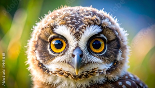 Close-up Portrait of a Young Owl with Big Yellow Eyes.