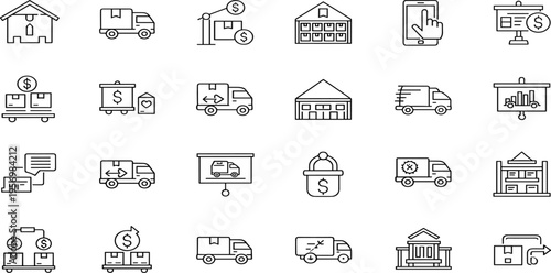 The illustration depicts various trucks and buildings with financial symbols.