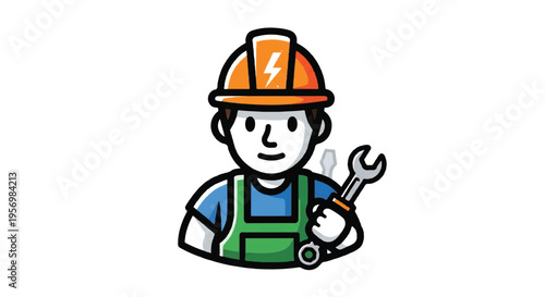 Cartoon electrician with wrench and hard hat on white background