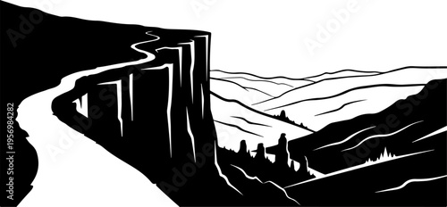 Vector illustration of mountain landscape with cliff and river