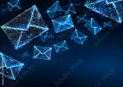 Futuristic digital envelopes composed of glowing blue dots and lines fly across a deep blue abstract background creating a vibrant high tech communica