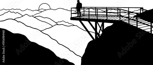 Black silhouette mountain landscape, observation deck, person overlooking hills, scenic viewpoint, vector illustration