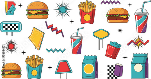 Fast Food Vector Elements Collection Featuring Burgers Fries Soda Drinks Packaging Signs and Retro Shapes in Flat Cartoon Style for Restaurant Menu Branding and Creative Design Projects
